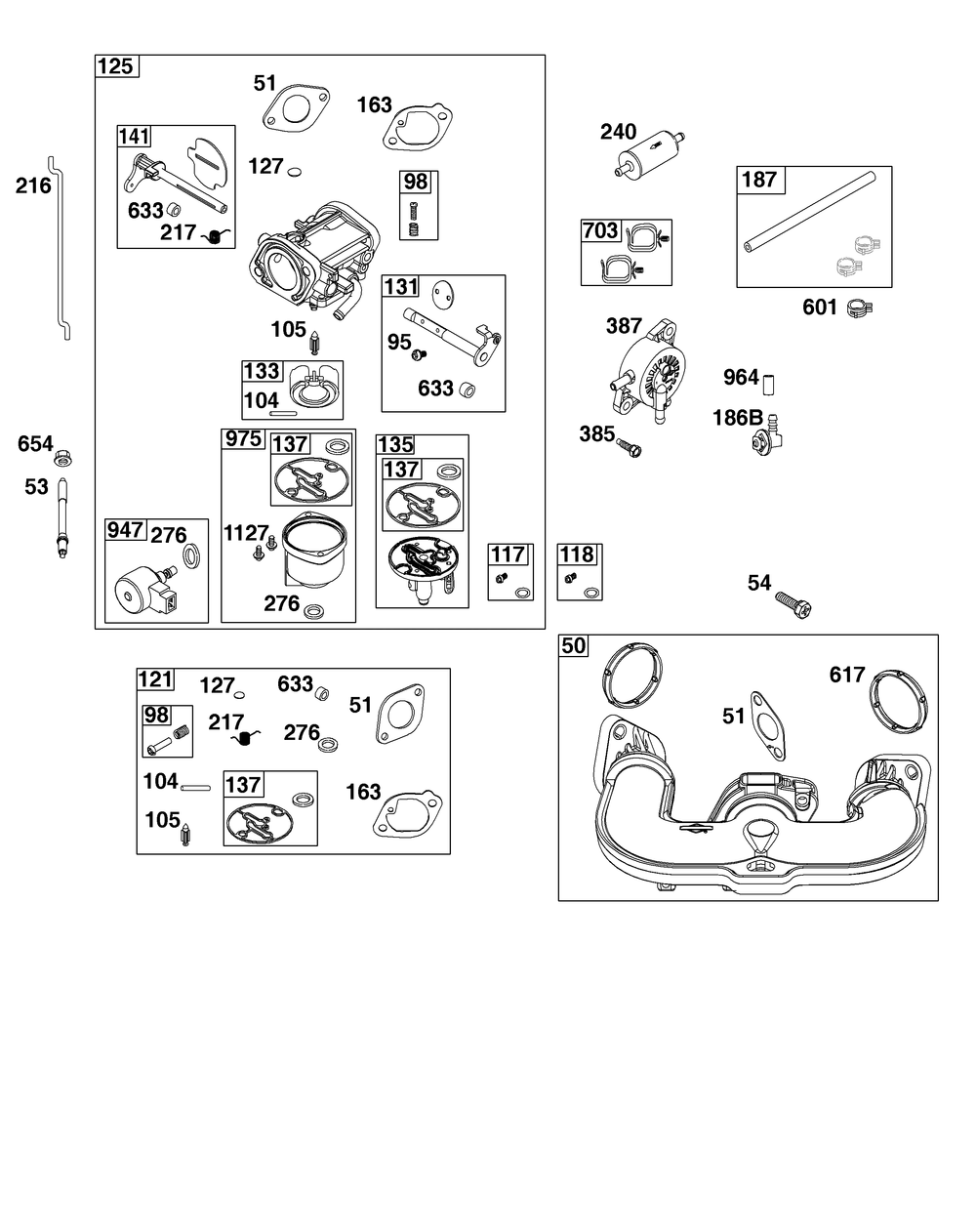 Carburetor And Fuel Supply Group Diagram and Parts List for 44U877-0010-B5 400000 - 699999 Briggs and Stratton Engine